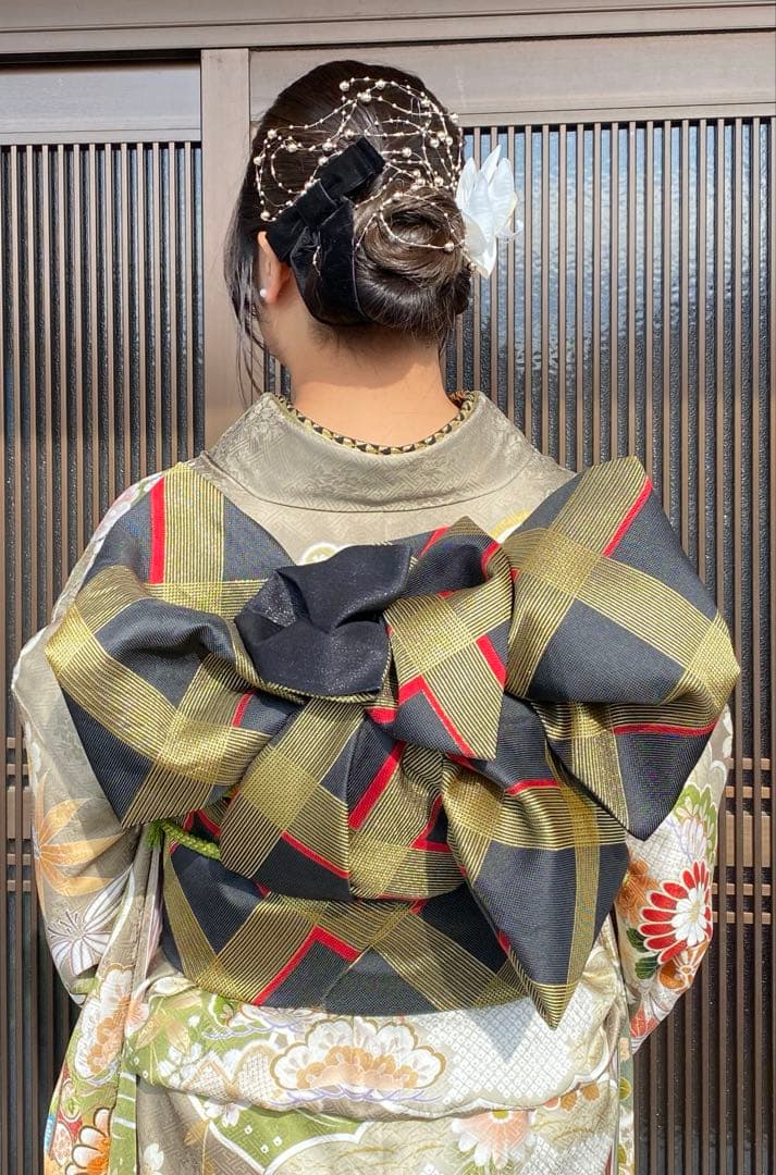 メルカリ市中だけお値下げ　県民共済正絹振袖フルセットグリーン金赤黒　ぽっちゃり