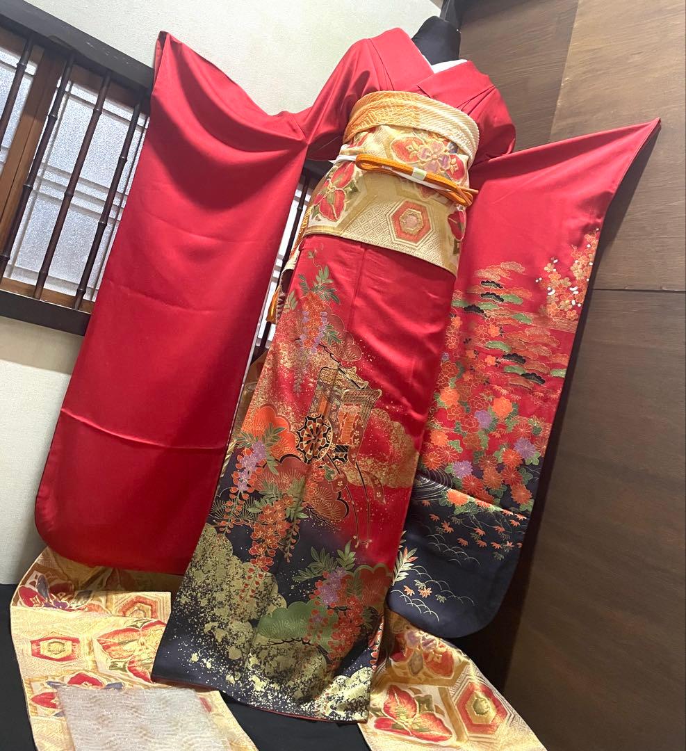 振袖 フルセット6点サイズＬ雲取り御所車花文　松　暈し染め　金彩　正絹