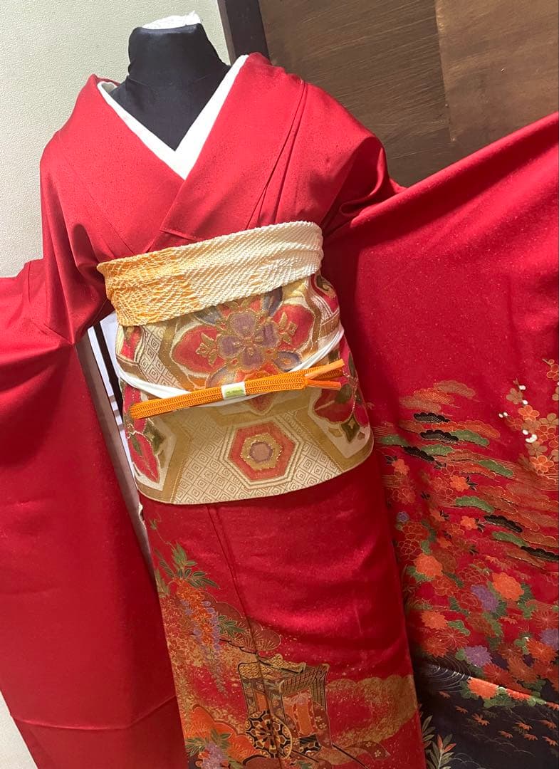 振袖 フルセット6点サイズＬ雲取り御所車花文　松　暈し染め　金彩　正絹