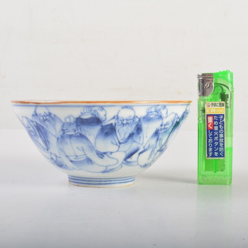 瀬戸焼　河本礫亭作　染付　寿老文茶碗　共箱　V　6680