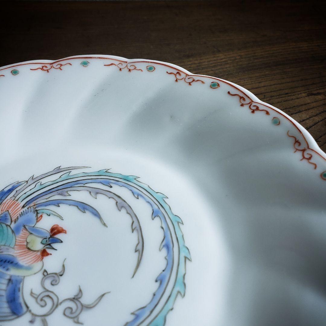 色絵付　皿　鳳凰　ねじり花弁縁　古伊万里　花文　唐草　銘　窯傷　ハ号
