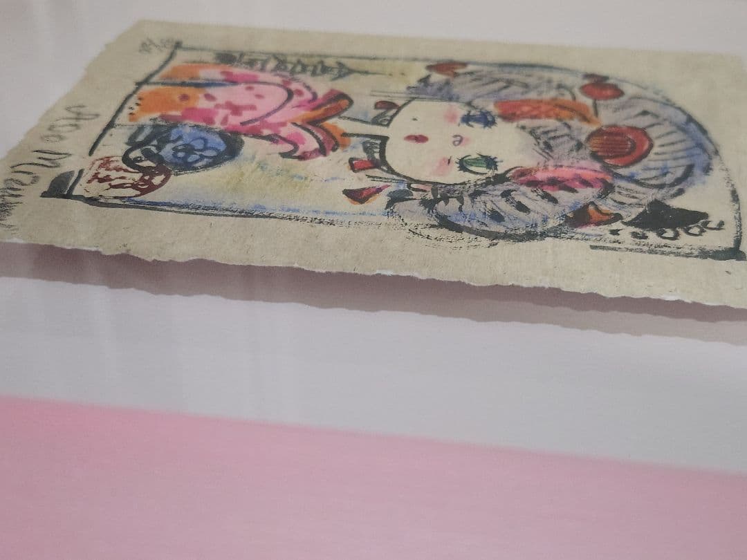 水森亜土　版画　和紙　あちきは～ん　オリジナルピンク額