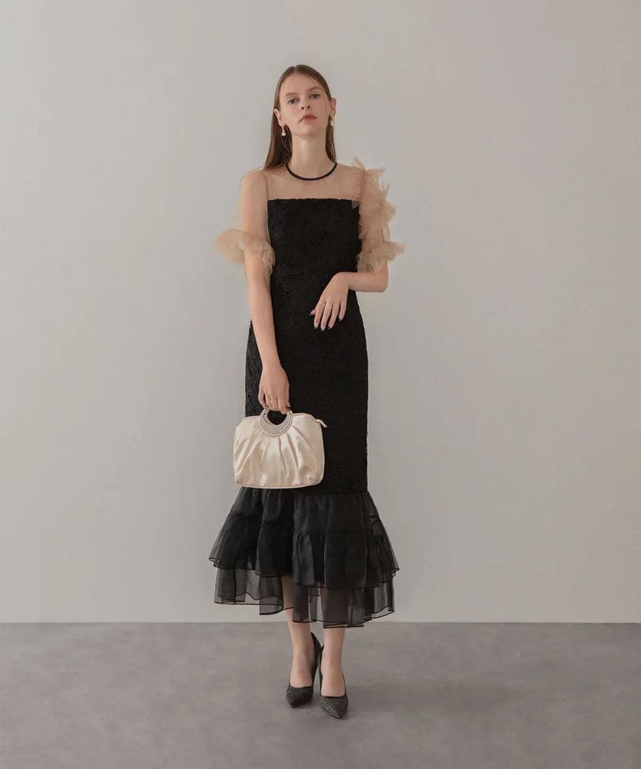 LEJA アシンメトリーチュールスリーブレースフリルヘムIラインワンピースドレス