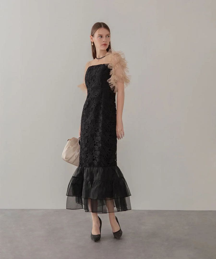 LEJA アシンメトリーチュールスリーブレースフリルヘムIラインワンピースドレス