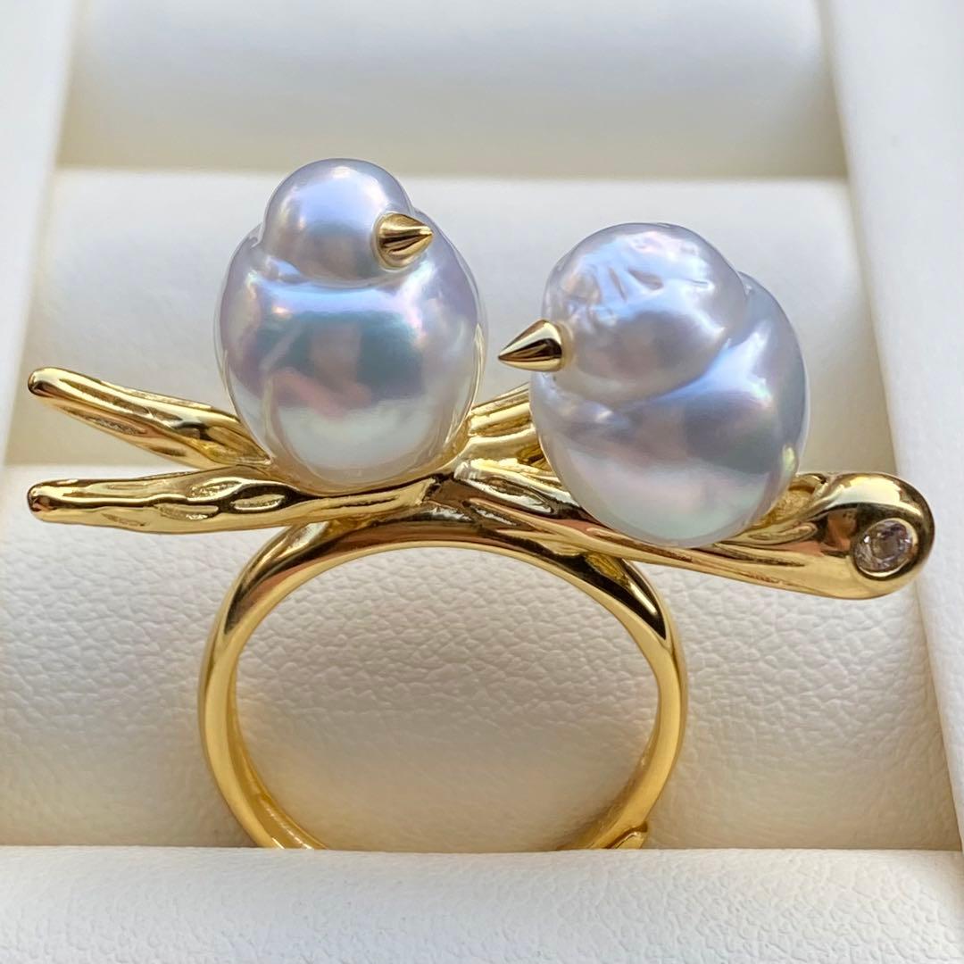 本真珠　南洋白蝶真珠ダブルリング「鳥と枝」　13.2mmホワイトL1257