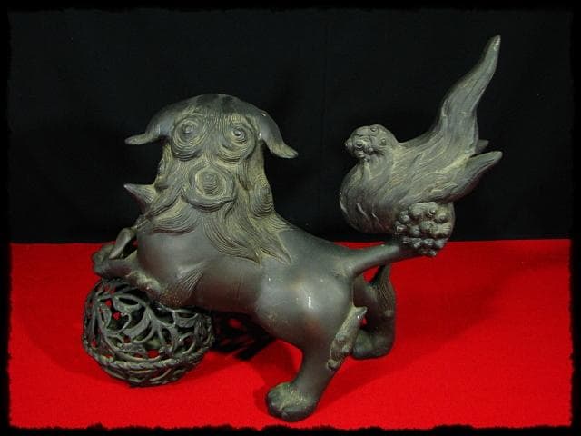 大型 銅獅子 玉乗 置物 c536