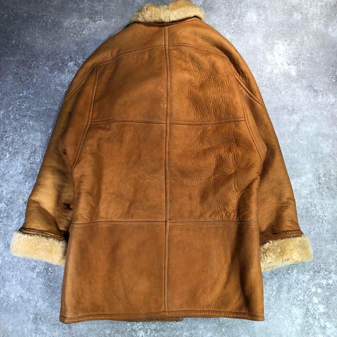 90s ムートンコート　本革　ボア　ウルグアイ製【L相当】レザーコート ブラウン