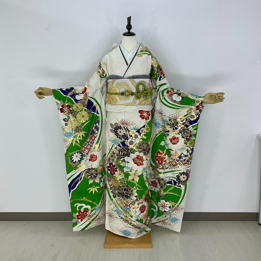 正絹お振袖10点フルセット　緑×白　新品未仕立て品　お仕立て付き