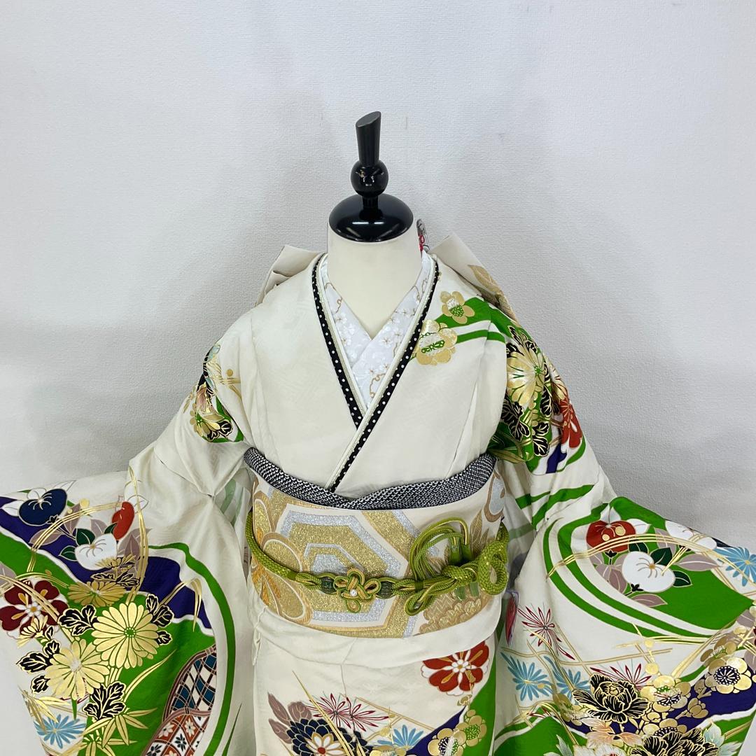 正絹お振袖10点フルセット　緑×白　新品未仕立て品　お仕立て付き