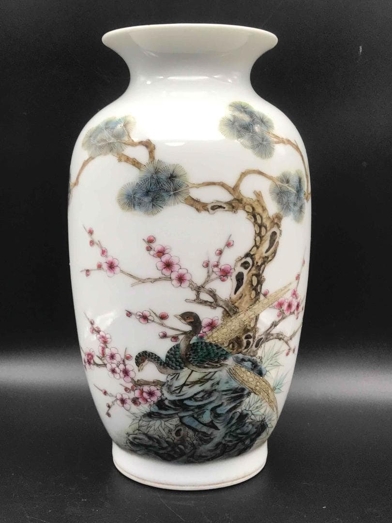 中国古美術　清時代　「大清光緒年製」在銘　粉彩花鳥詩文瓶　繊細細密(A-32)
