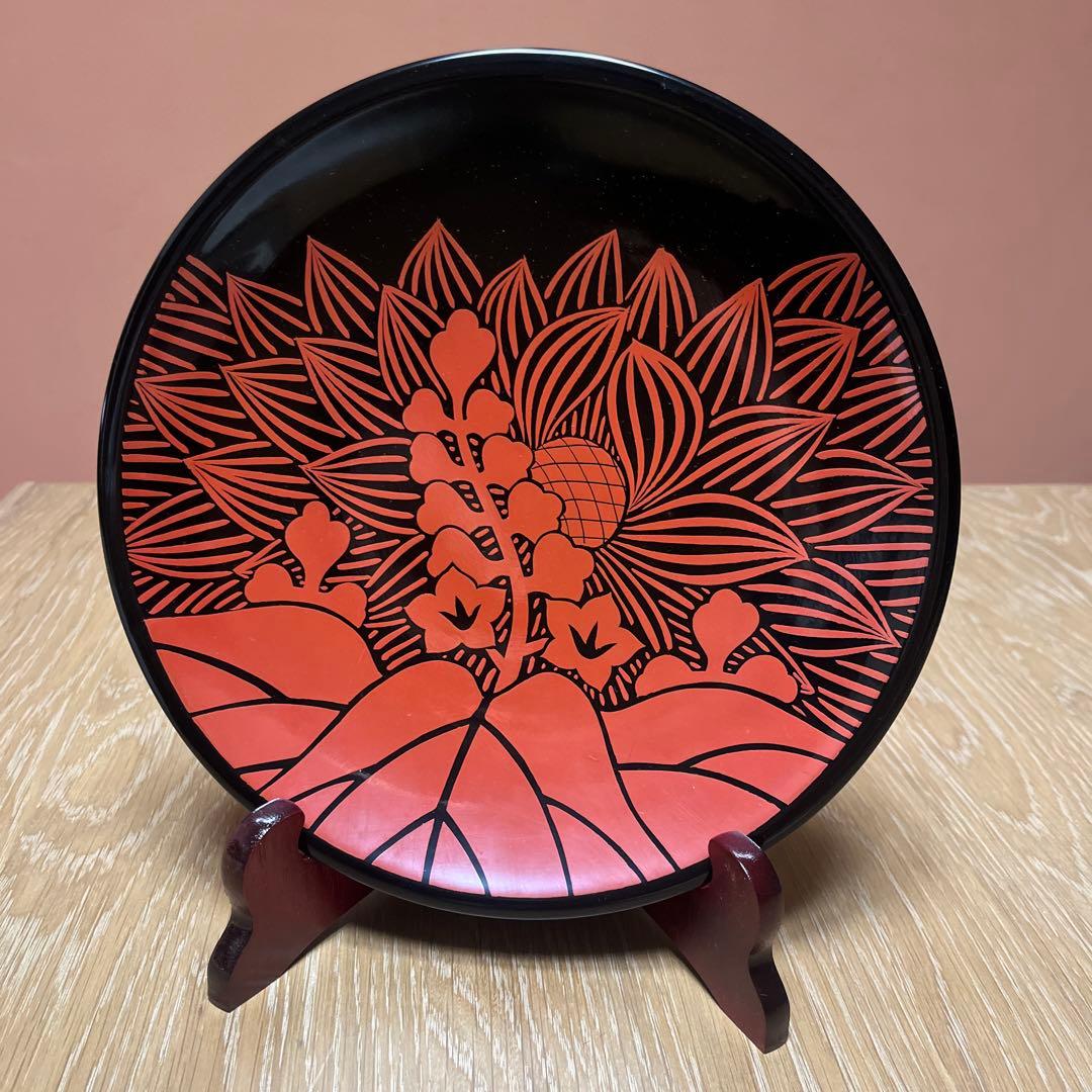 菊桐朱磨　会津漆　工芸品　漆器皿　和菓子皿