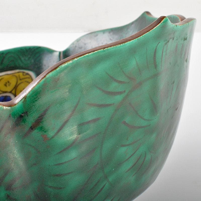 九谷焼　青手九谷　花鳥文　輪花鉢　角福銘　時代箱付　M　R6337B