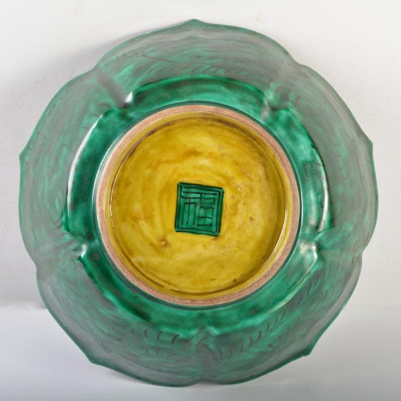 九谷焼　青手九谷　花鳥文　輪花鉢　角福銘　時代箱付　M　R6337B