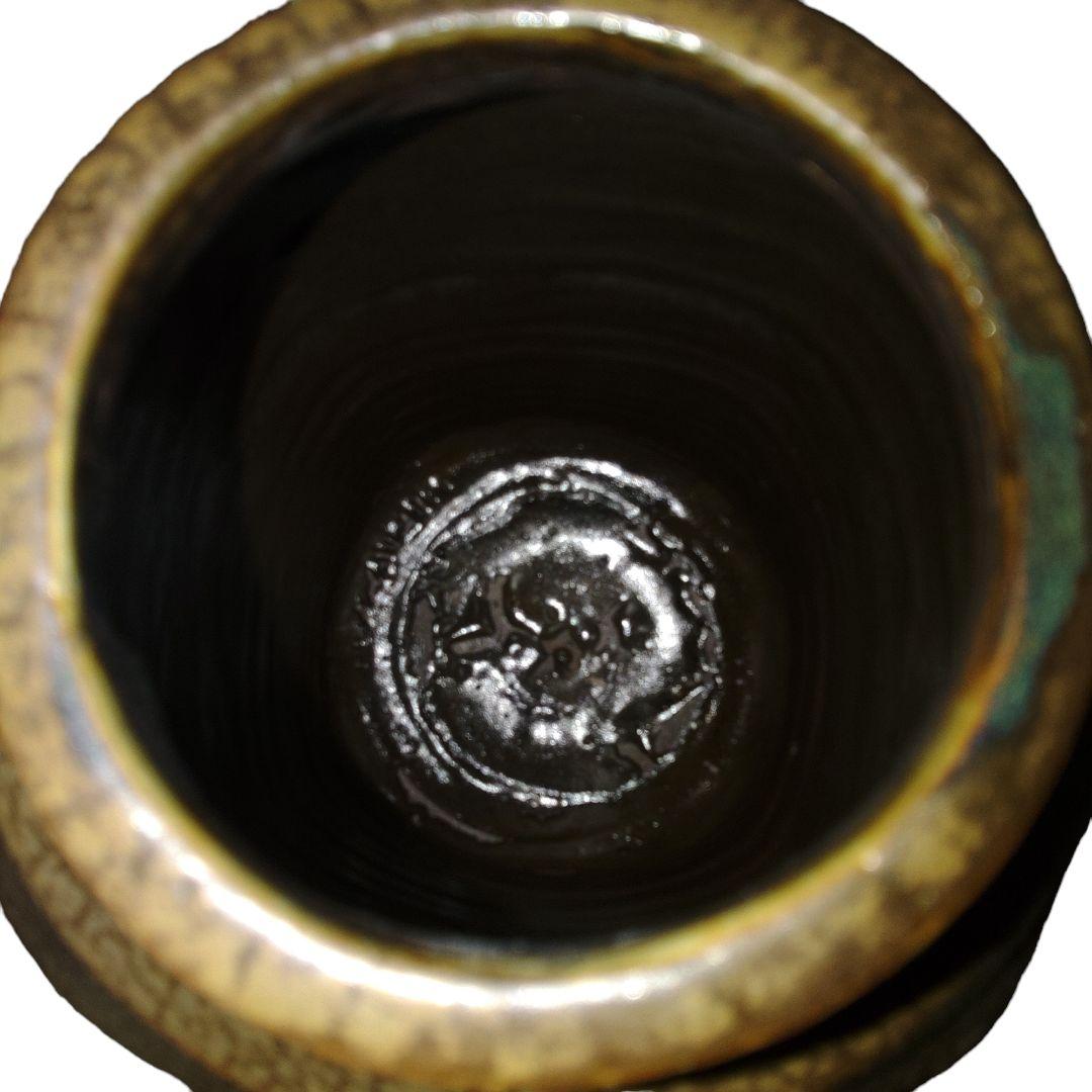 益子焼?　多面体鉄釉文字文花瓶　高さ30cm