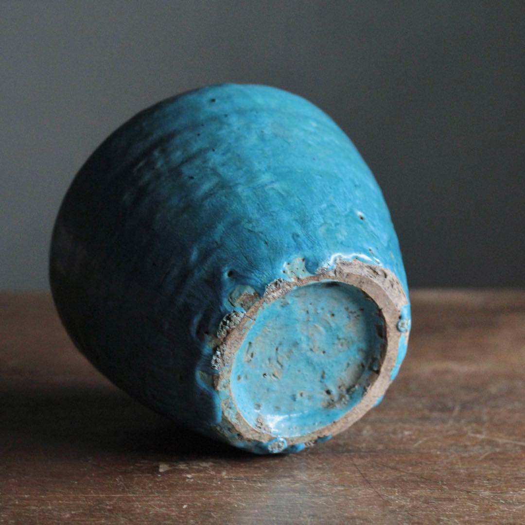 鮮やかな ターコイズブルー 壺 古道具 アンティーク 花器