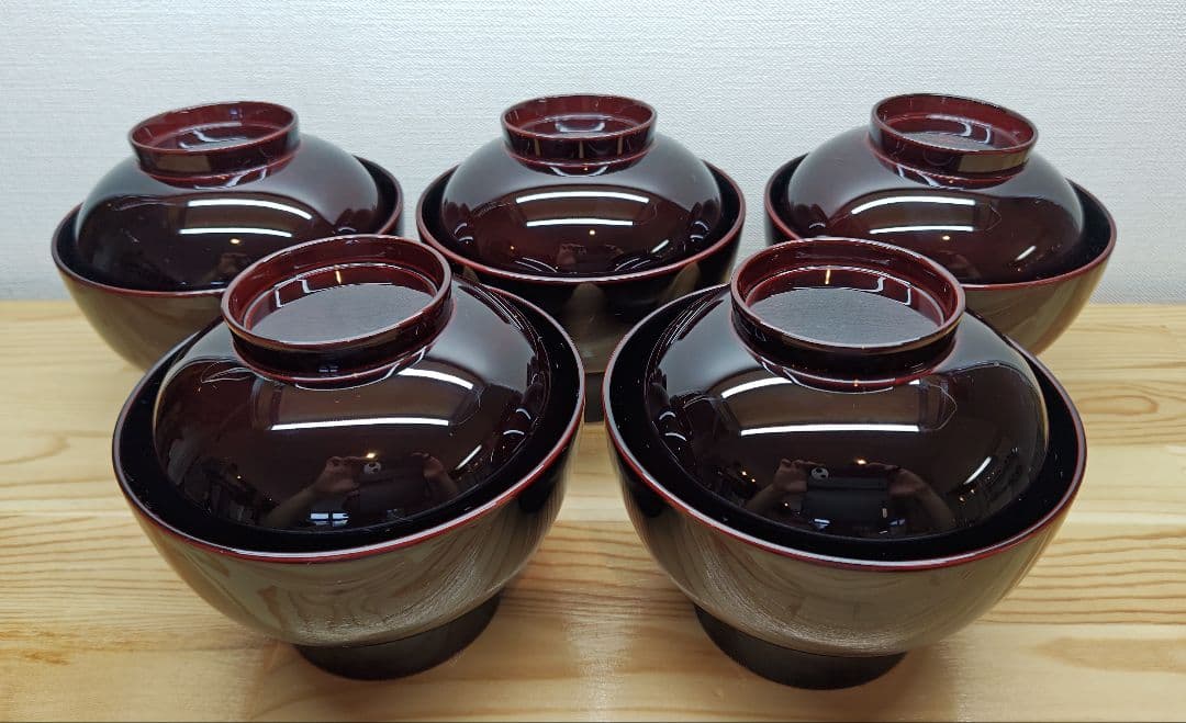 送料込【逢絢亭】茶道具 懐石道具 時代椀 輪島塗 梅蒔絵 溜塗 木製 ５客 共箱