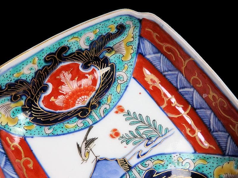 古伊万里　色絵　窓絵　花鳥紋の図　四方角皿　5客　1221AS-BFg