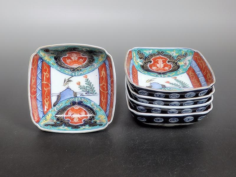 古伊万里　色絵　窓絵　花鳥紋の図　四方角皿　5客　1221AS-BFg