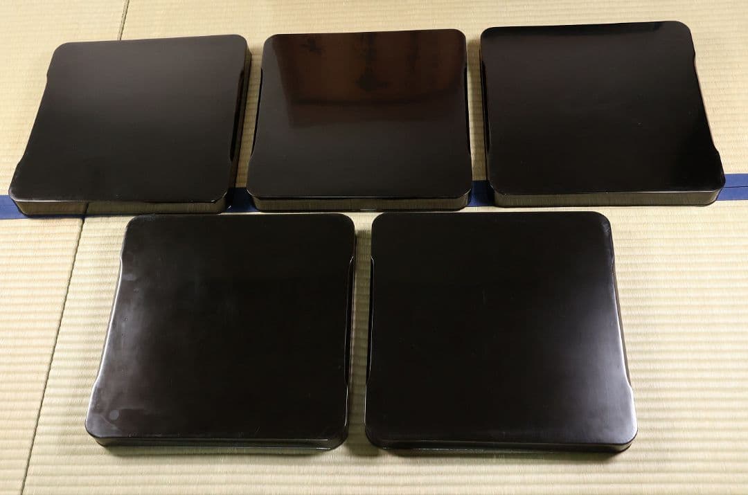 大正 本堅地 黒艶消 風鎮松竹梅 沈金 会席膳 十客 木製漆器【CM182】