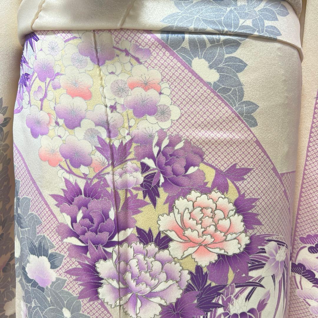 361 振袖フルセット 正絹 オフホワイト 白 薄紫 銀彩 駒刺繍 フェミニン