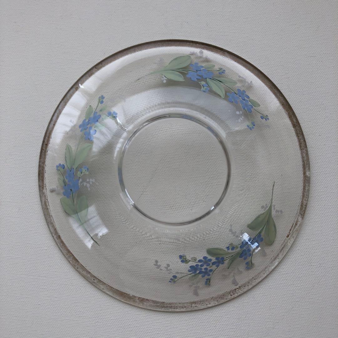 古いガラス皿　プレート　ソーサー　フランス　アンティーク　青い花　no.102
