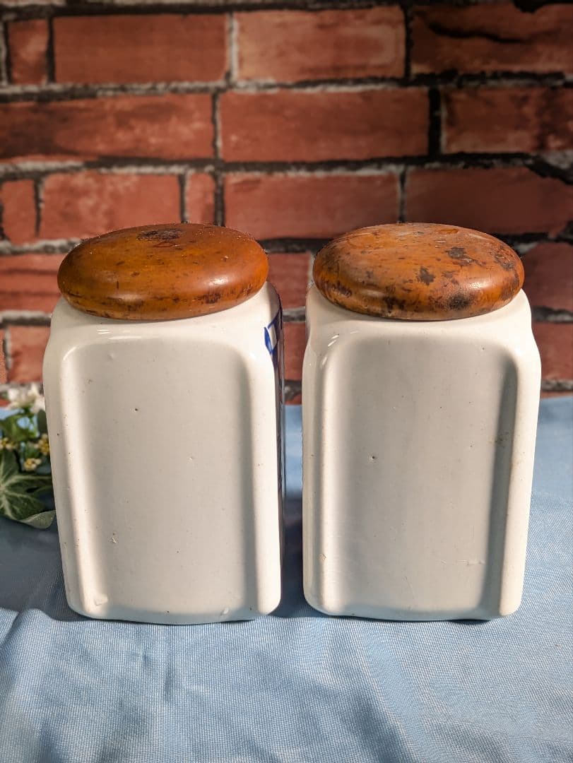ヨーロッパ アンティーク 陶器製 木蓋 キャニスター ２点セット