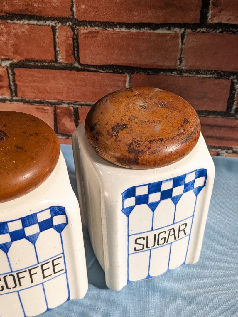 ヨーロッパ アンティーク 陶器製 木蓋 キャニスター ２点セット