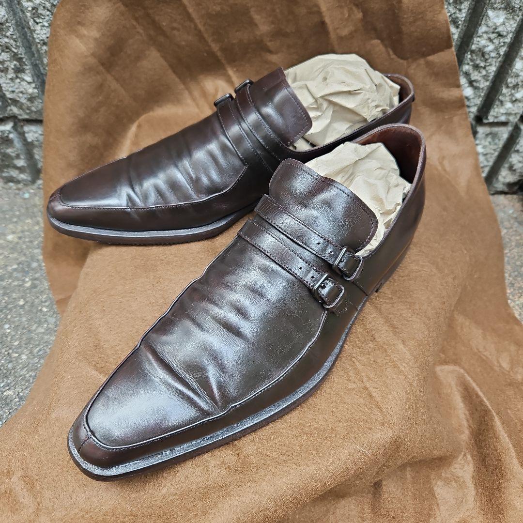 BOTTEGA VENETA　ダークブラウン レザー ダブルストラップシューズ