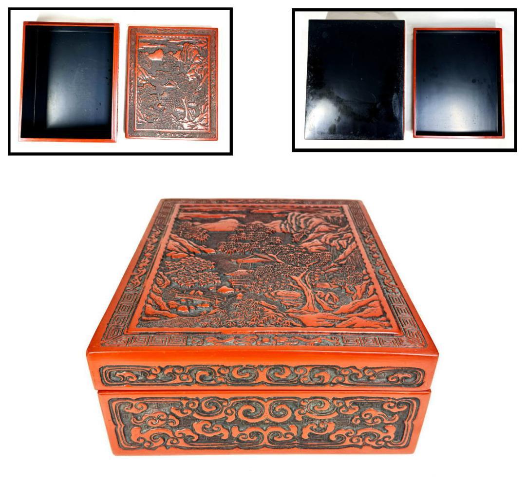 剔紅 堆朱 木製山水楼閣人物図文箱 漆器 時代物 唐物 骨董 中国WWWT051