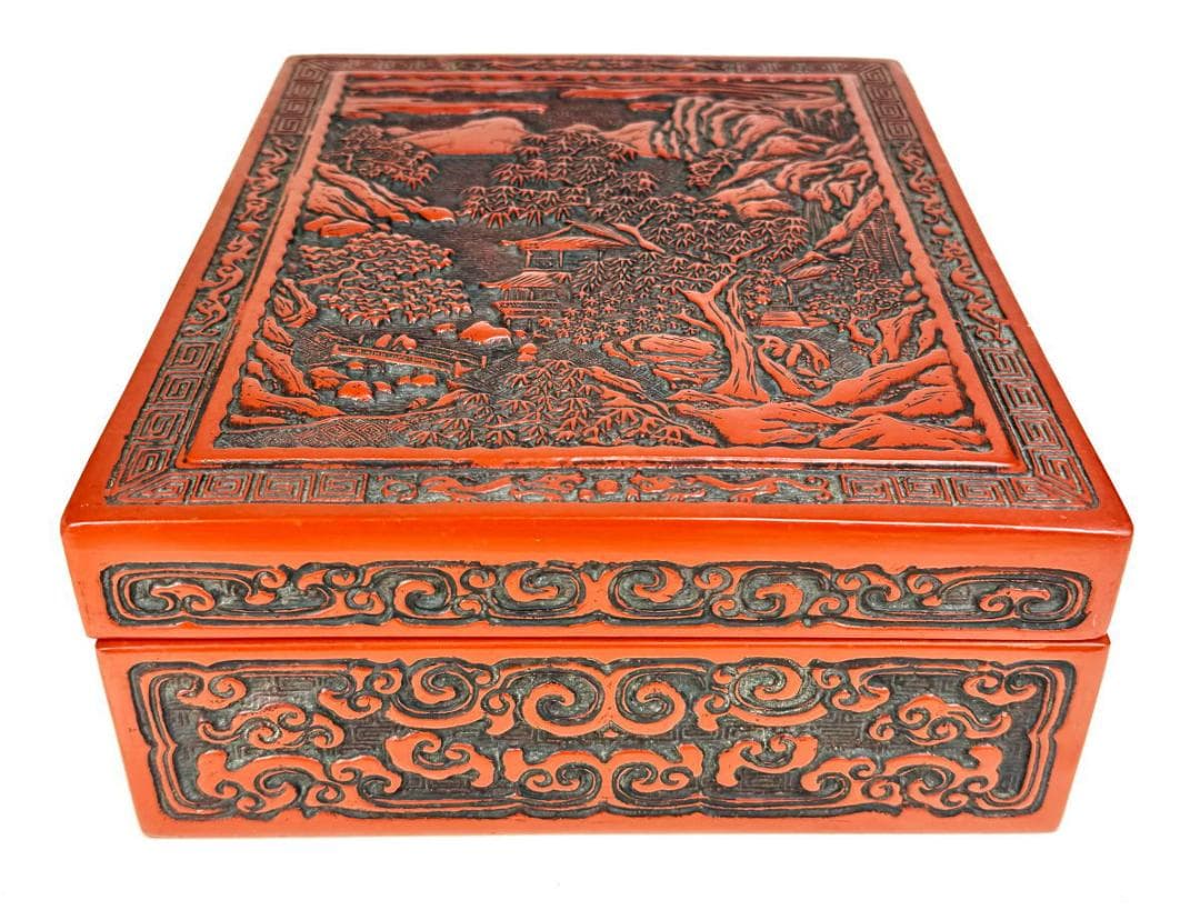 剔紅 堆朱 木製山水楼閣人物図文箱 漆器 時代物 唐物 骨董 中国WWWT051