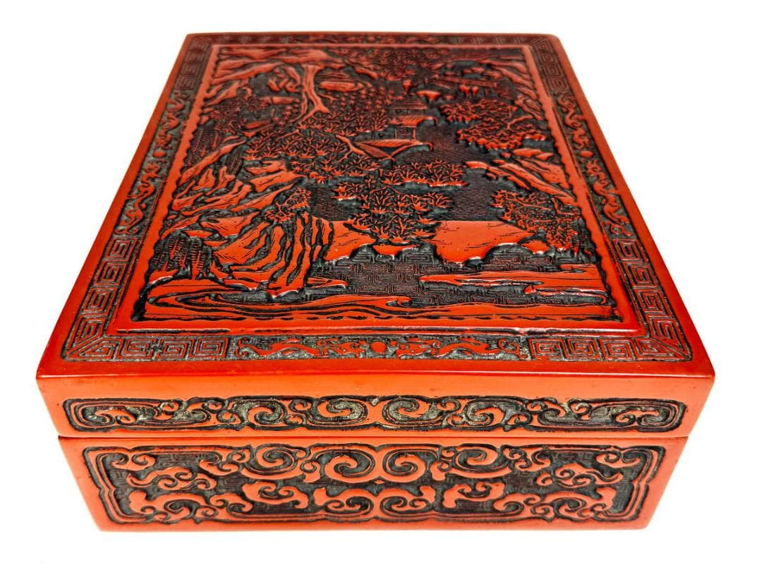 剔紅 堆朱 木製山水楼閣人物図文箱 漆器 時代物 唐物 骨董 中国WWWT051