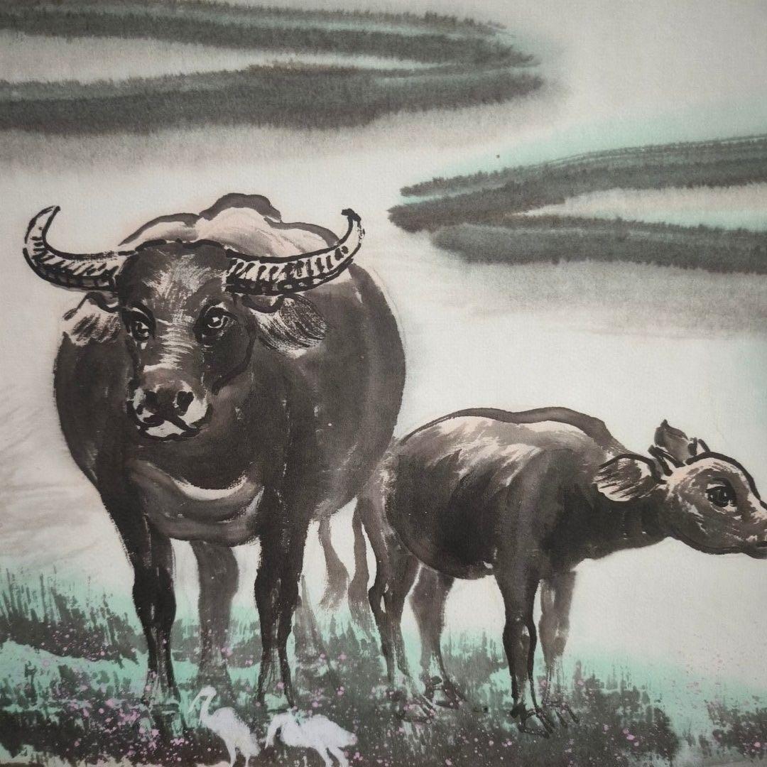 【中堂掛軸】李可染 五牛図　紙本／鑑賞用作品　客間・和室装飾に最適