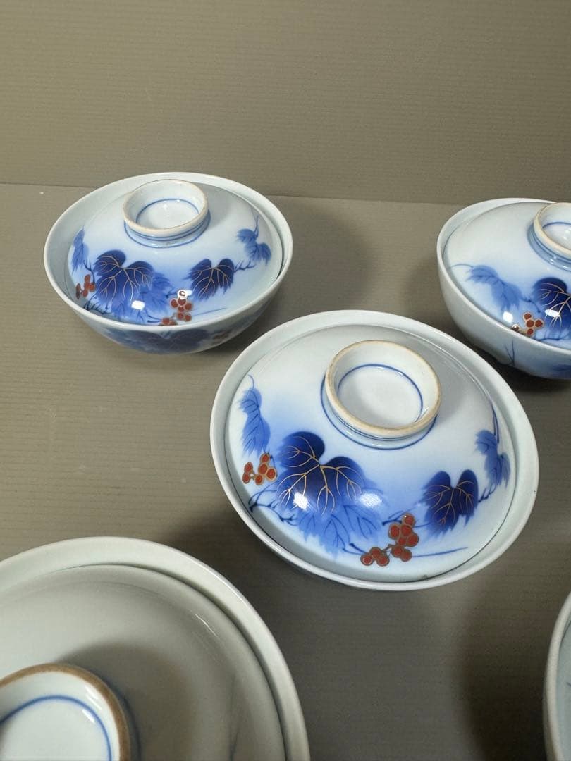 2211  有田焼 芳祥堂特製　葡萄瑠璃　蓋茶碗　5客