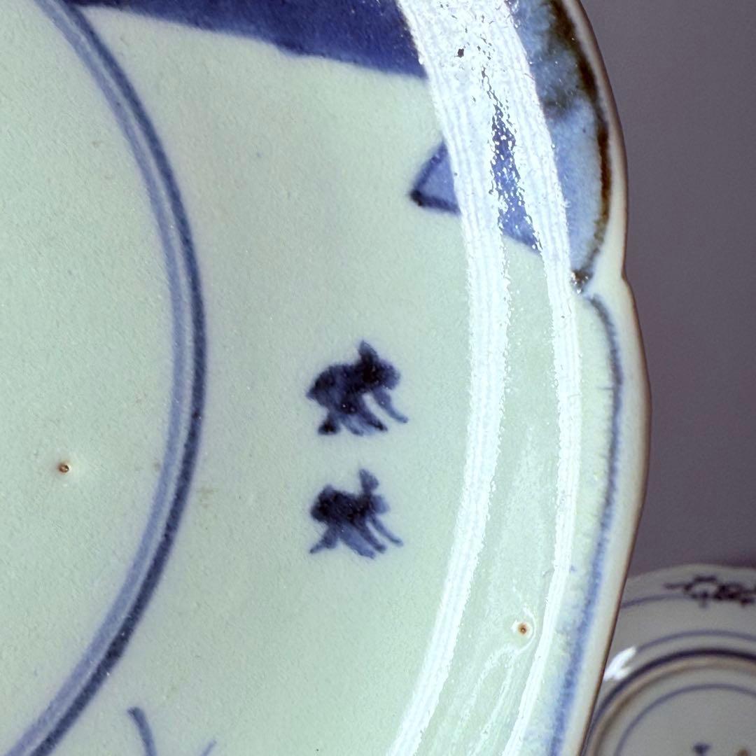 1700年代　江戸時代　古伊万里　染付花唐草風景図輪花皿　5枚　大明成化年製