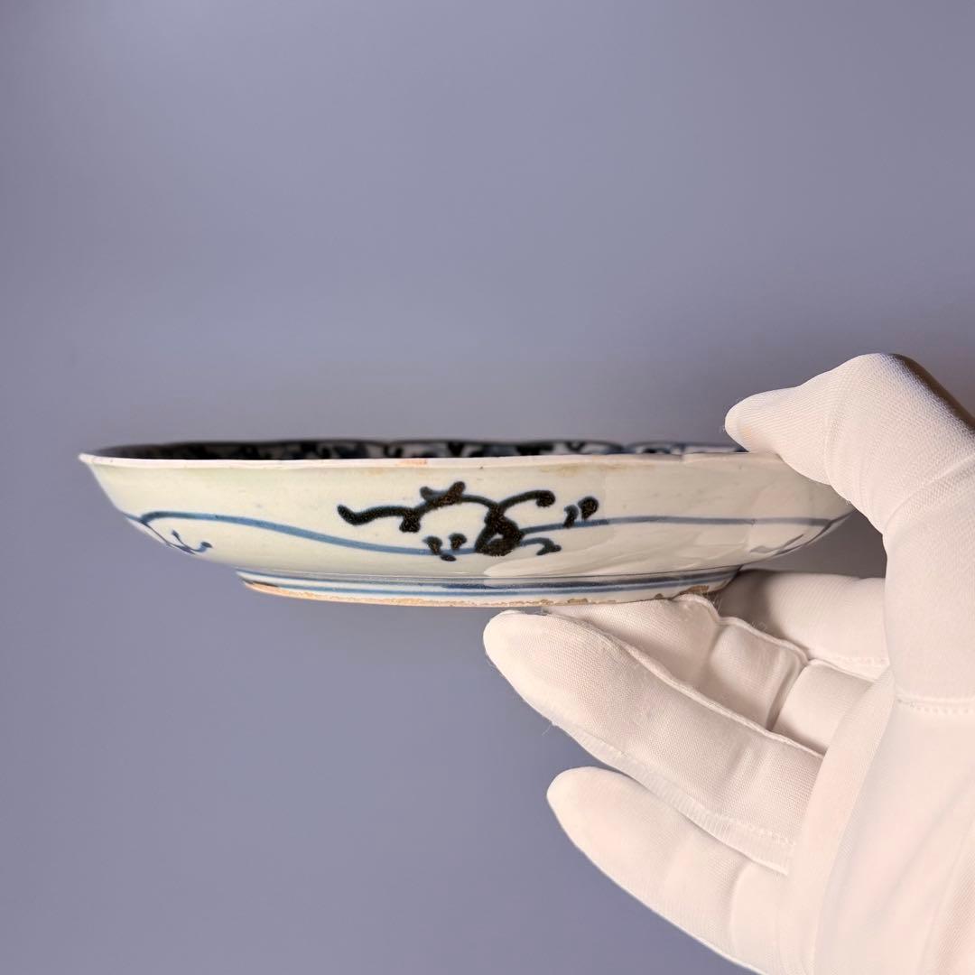 1700年代　江戸時代　古伊万里　染付花唐草風景図輪花皿　5枚　大明成化年製