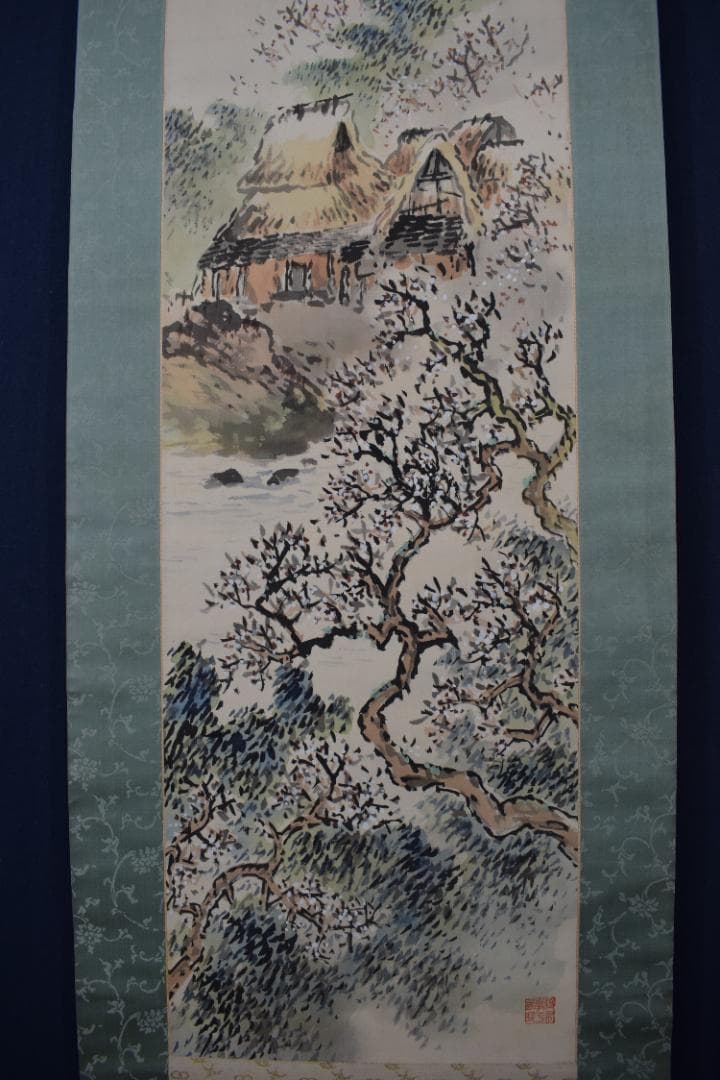 【真作】秋峰/梅花山水図/山家梅花図/掛軸☆宝船☆Y-686　JM