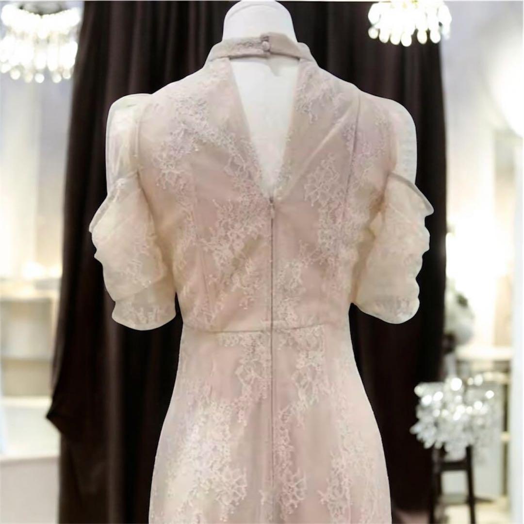 パーティードレス レースワンピ 結婚式 食事 ピンクベージュ L