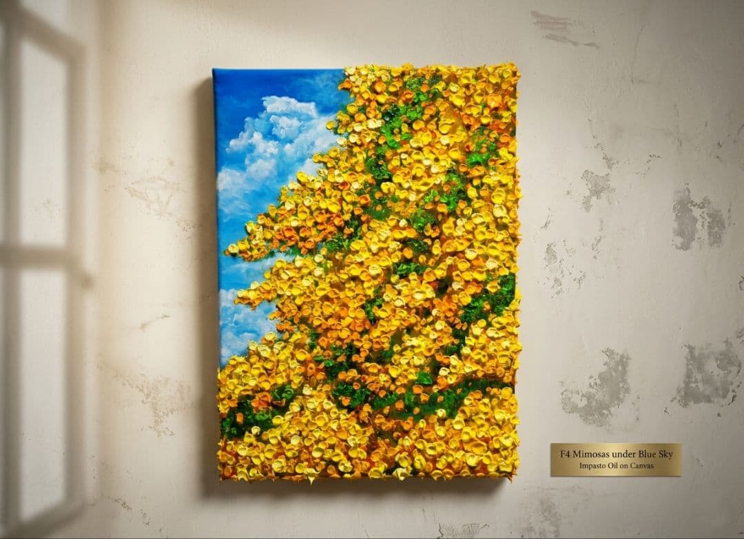 油絵 油彩 油彩画 絵 絵画【青空のミモザ】F4号
