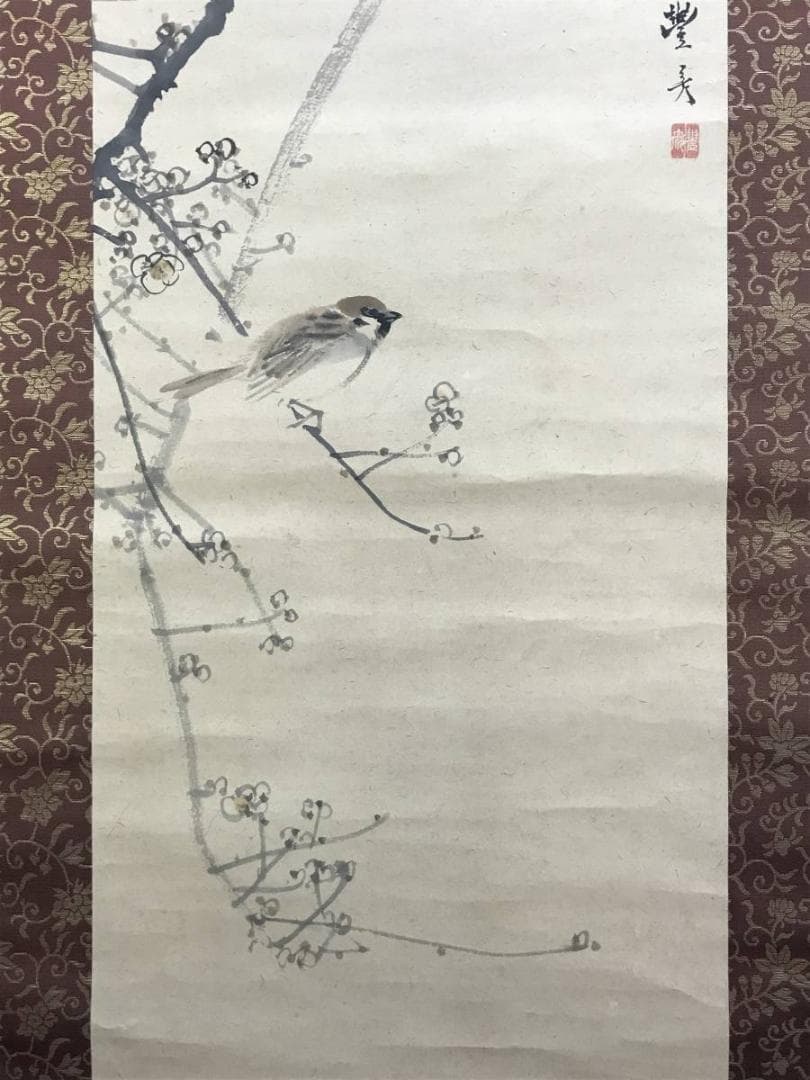 【真作】岡本豊彦/蝋梅に雀図/梅に小鳥図/花鳥図/掛軸/名家伝来/AD-887