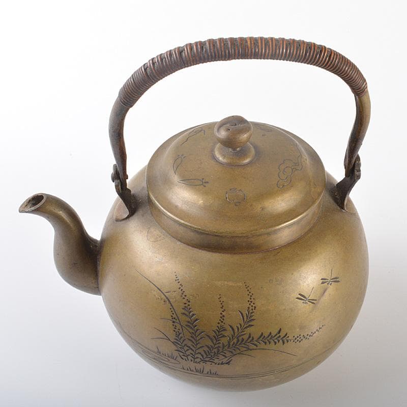 煎茶道具　銅製　彫金花文　湯沸し　水次　薬缶　D　R6514