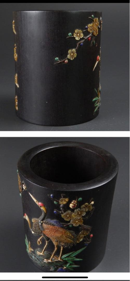 中国清代乾隆年製 紫檀笔筒 诗文宝石嵌め古董品重1.2kg