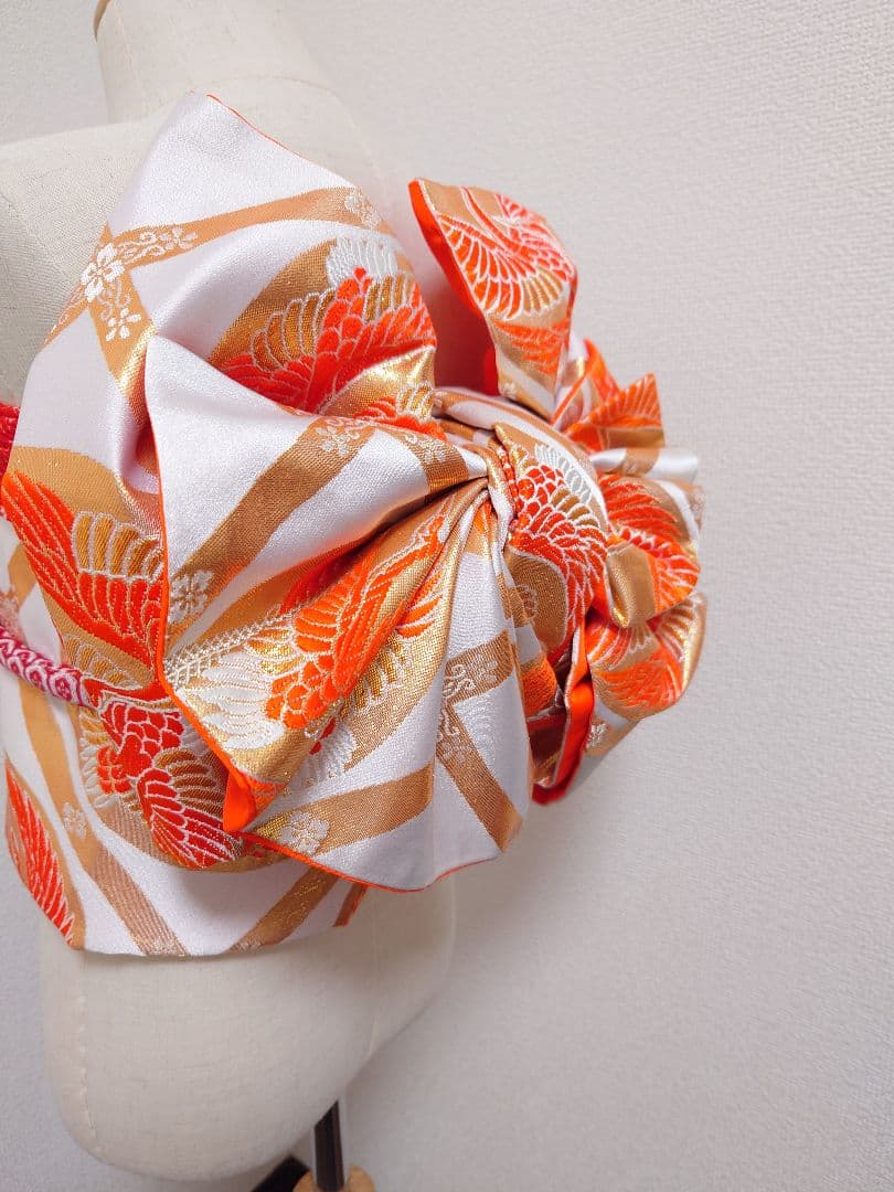 七五三　ハーフ成人式　ジュニア帯　袋帯からの作り帯　1点物　鶴柄　白系