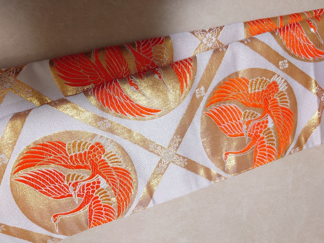 七五三　ハーフ成人式　ジュニア帯　袋帯からの作り帯　1点物　鶴柄　白系