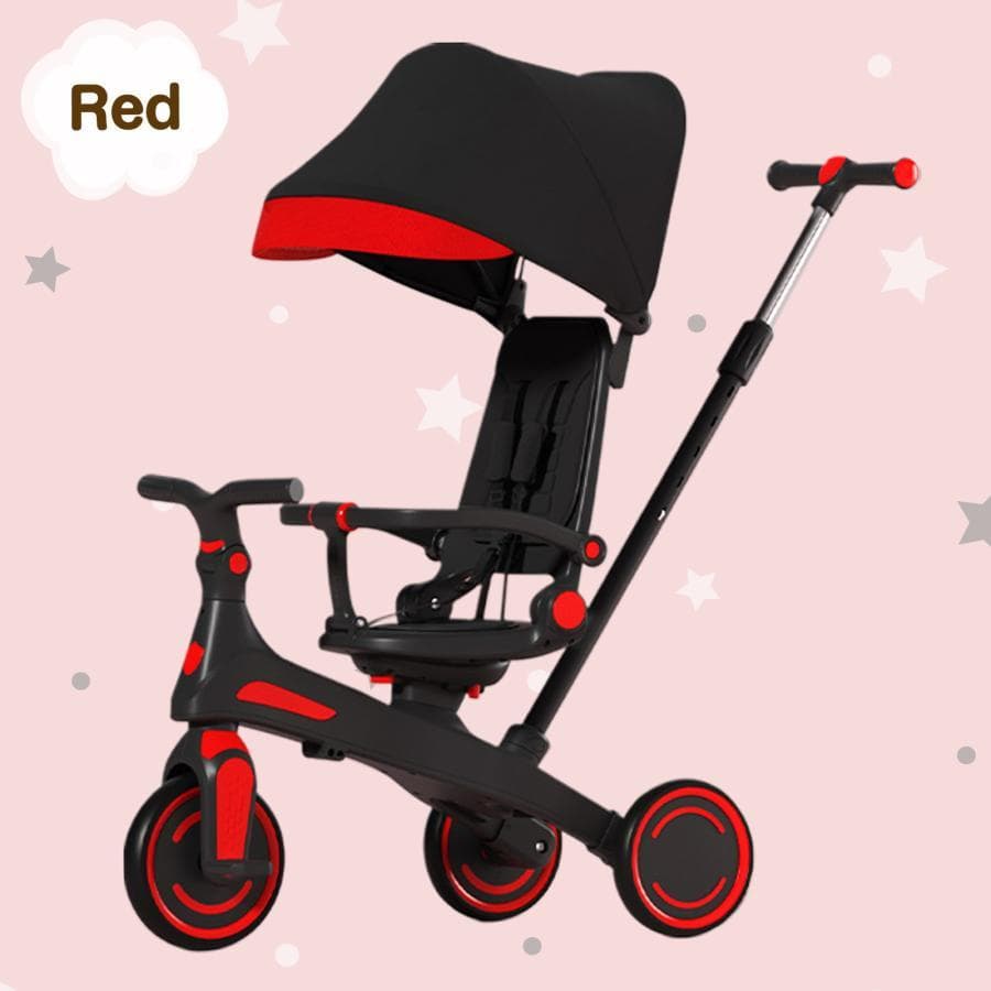 多機能 三輪車 手押し棒付き 折りたたみ 1歳～5歳 安全ベルト付き（黒×赤）