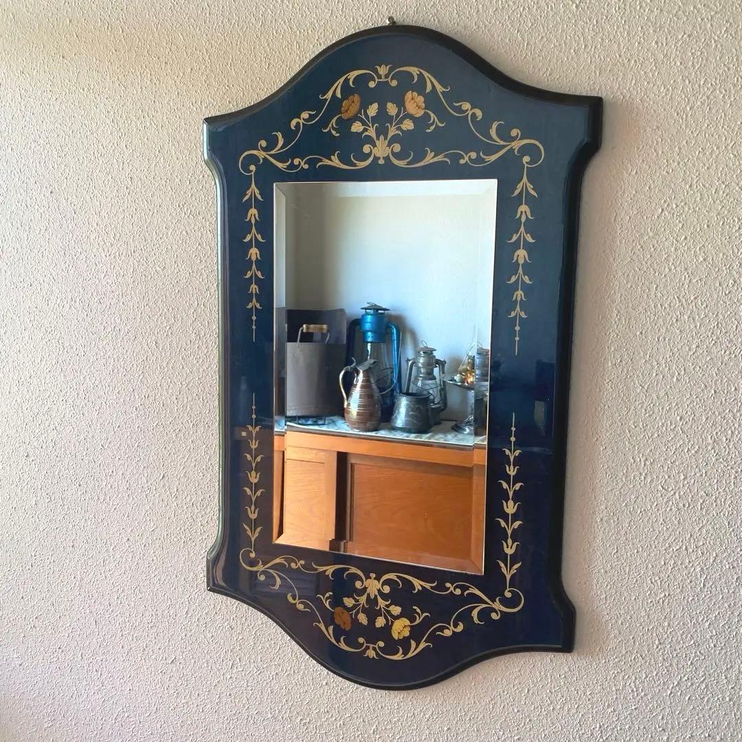 イタリア　青　ドマン　demain 象嵌　鏡　寄木　壁掛け　面取り鏡