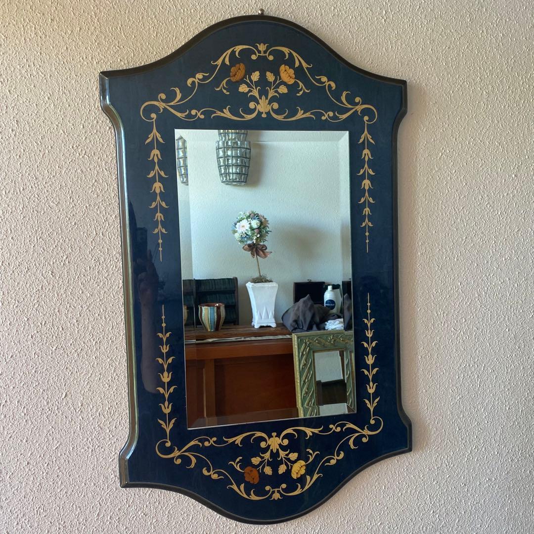 イタリア　青　ドマン　demain 象嵌　鏡　寄木　壁掛け　面取り鏡