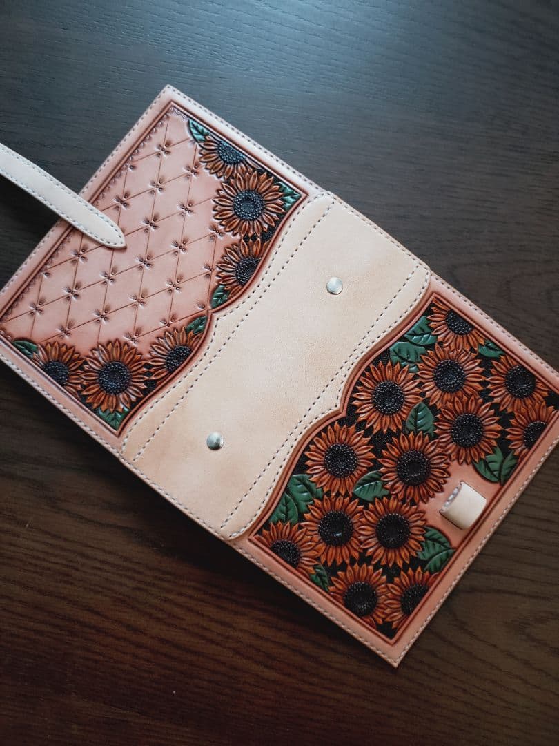 システム手帳　向日葵　バイブルサイズ　本革　カービング