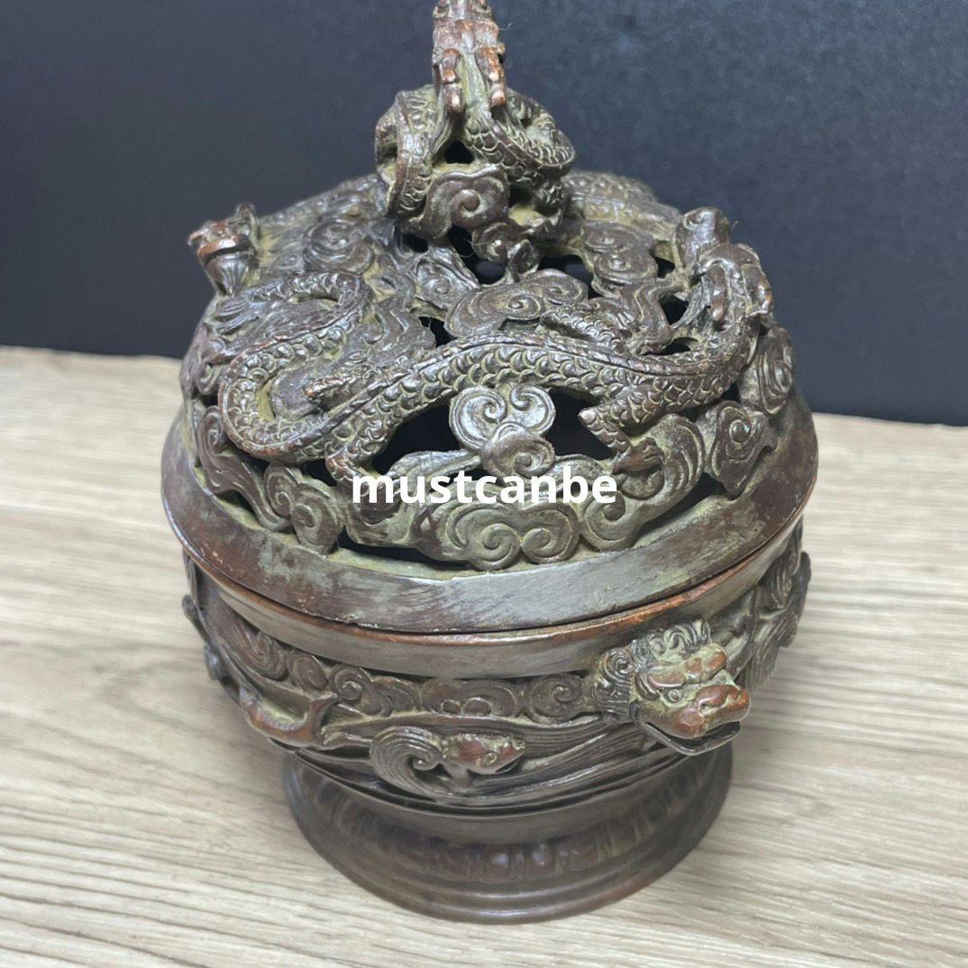 銅器 双獣耳浮彫盤竜薫香炉 香道具 茶道具 工芸品 置物