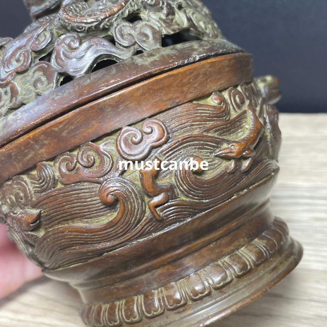 銅器 双獣耳浮彫盤竜薫香炉 香道具 茶道具 工芸品 置物