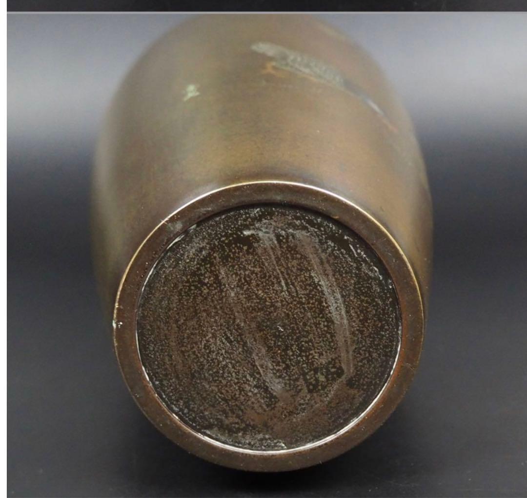 送料無料　幕末～明治期　金銀象嵌銅製花瓶　在銘　高さ24ｃｍ